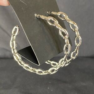 Cuban Chain Link Huggie Open Hoop Pierced Earrings. Silver-tone. 2 & 1/4” Wide.